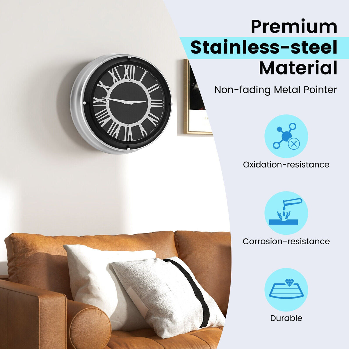 Silent wall clock with a silver frame, available in 13.5 and 17.5 inches, featuring a clean, modern design from DirectDeals.