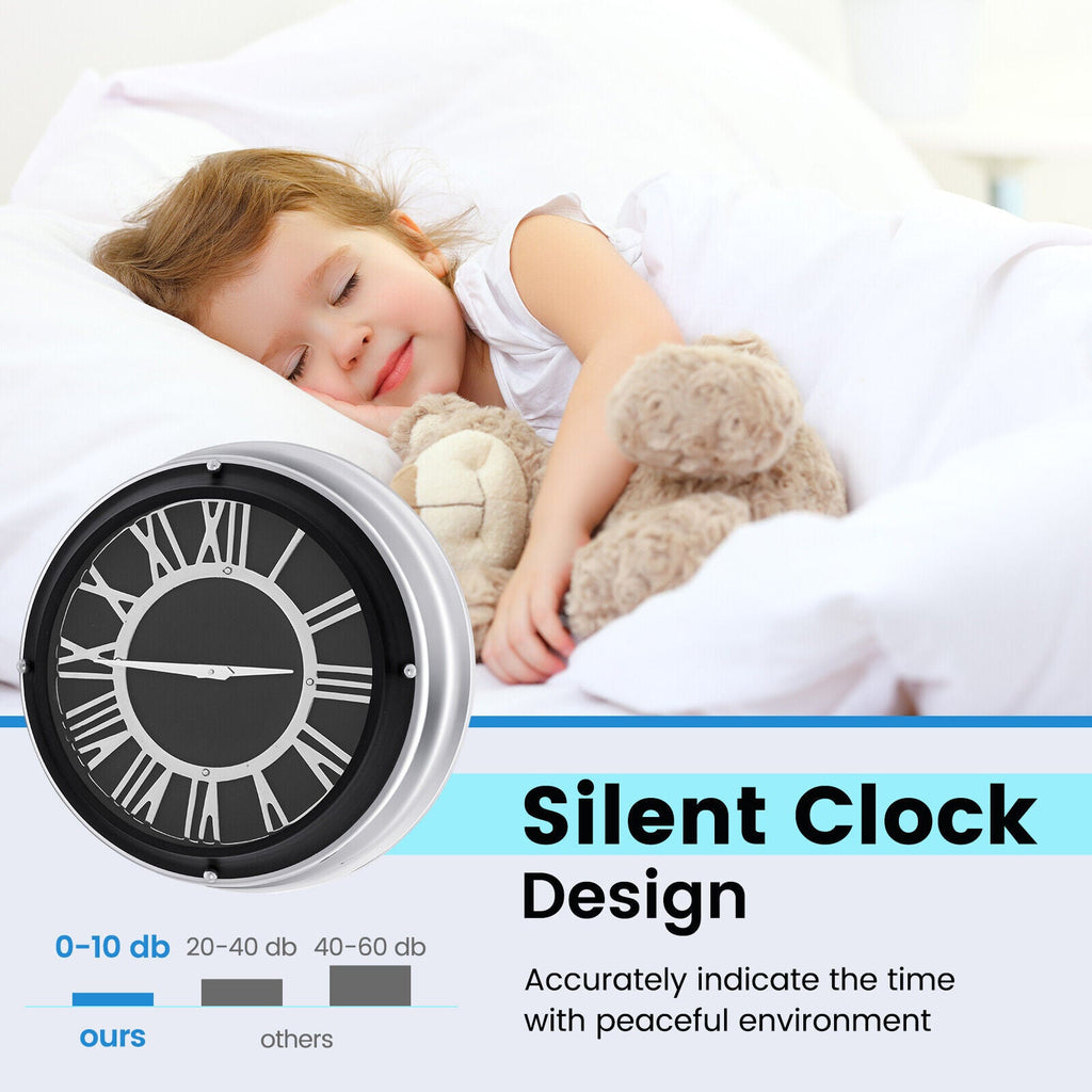 Silver frame 13.5/17.5 inch silent wall clock by DirectDeals showing a modern, minimalist design with black clock hands.