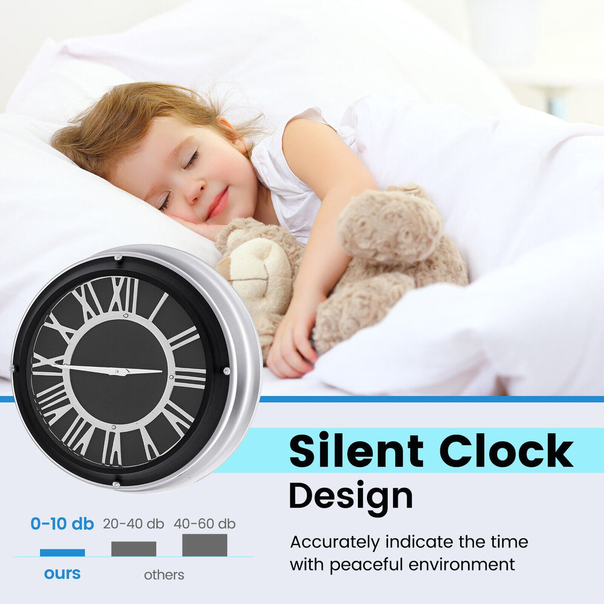 Silver frame 13.5/17.5 inch silent wall clock by DirectDeals showing a modern, minimalist design with black clock hands.