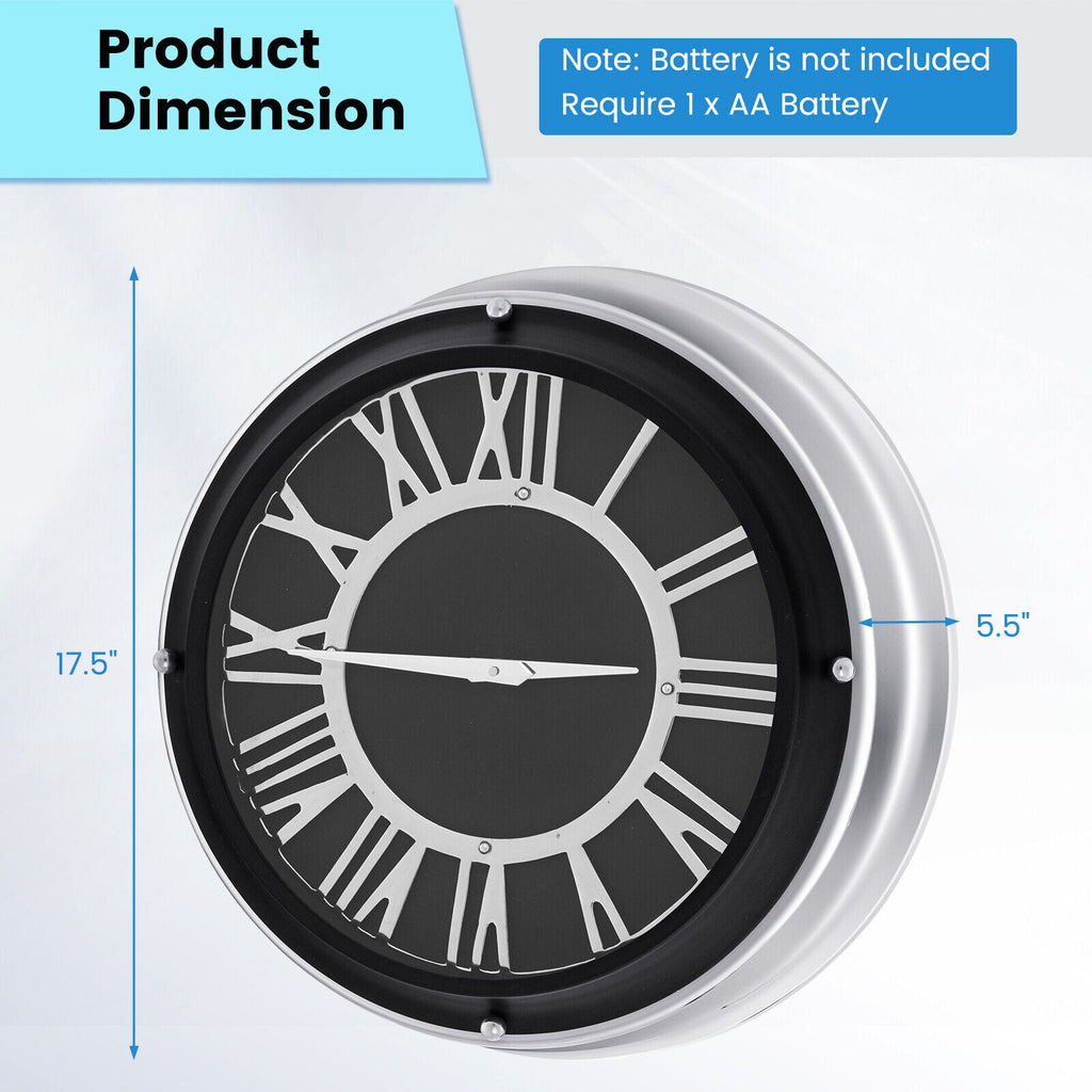 Silent wall clock with a silver frame, available in 13.5 and 17.5 inches, featuring a sleek, modern design.