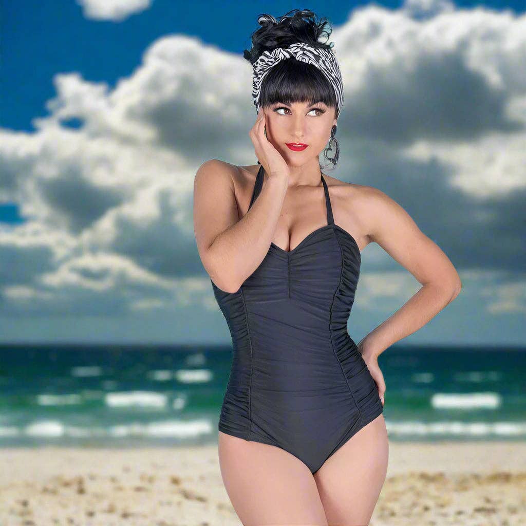 [Size XS Remaining] Pinup 1950s Rosie Retro One-Piece Swimsuit in Floral Prints, Black or Wine | 50s Inspired Swimsuit product photo - view 2