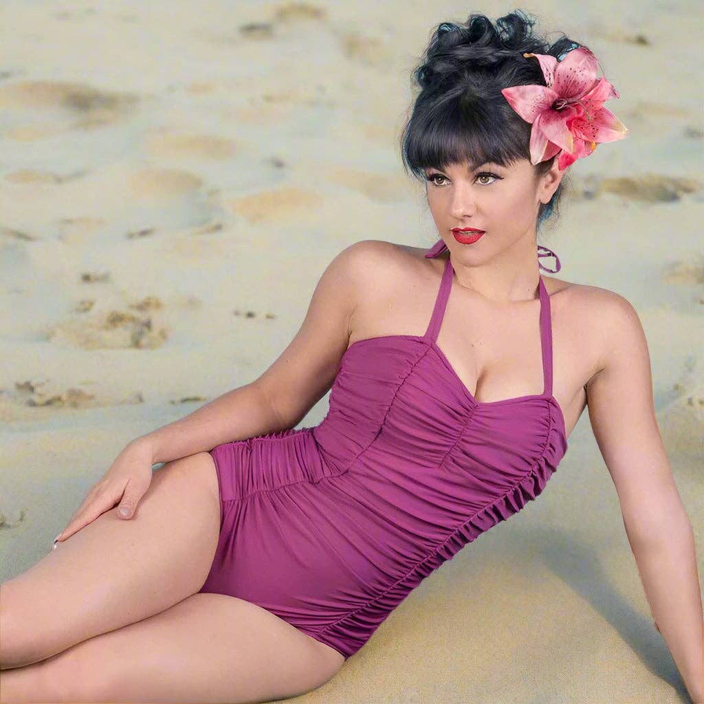 [Size XS Remaining] Pinup 1950s Rosie Retro One-Piece Swimsuit in Floral Prints, Black or Wine | 50s Inspired Swimsuit product photo
