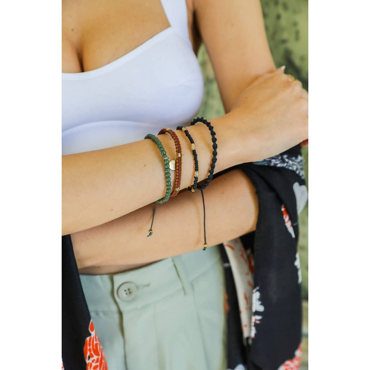 Stackable Bead and Woven Cord Stack of 5 Bracelets | Cute & Trendy Adjustable Stacked Fashion Jewelry