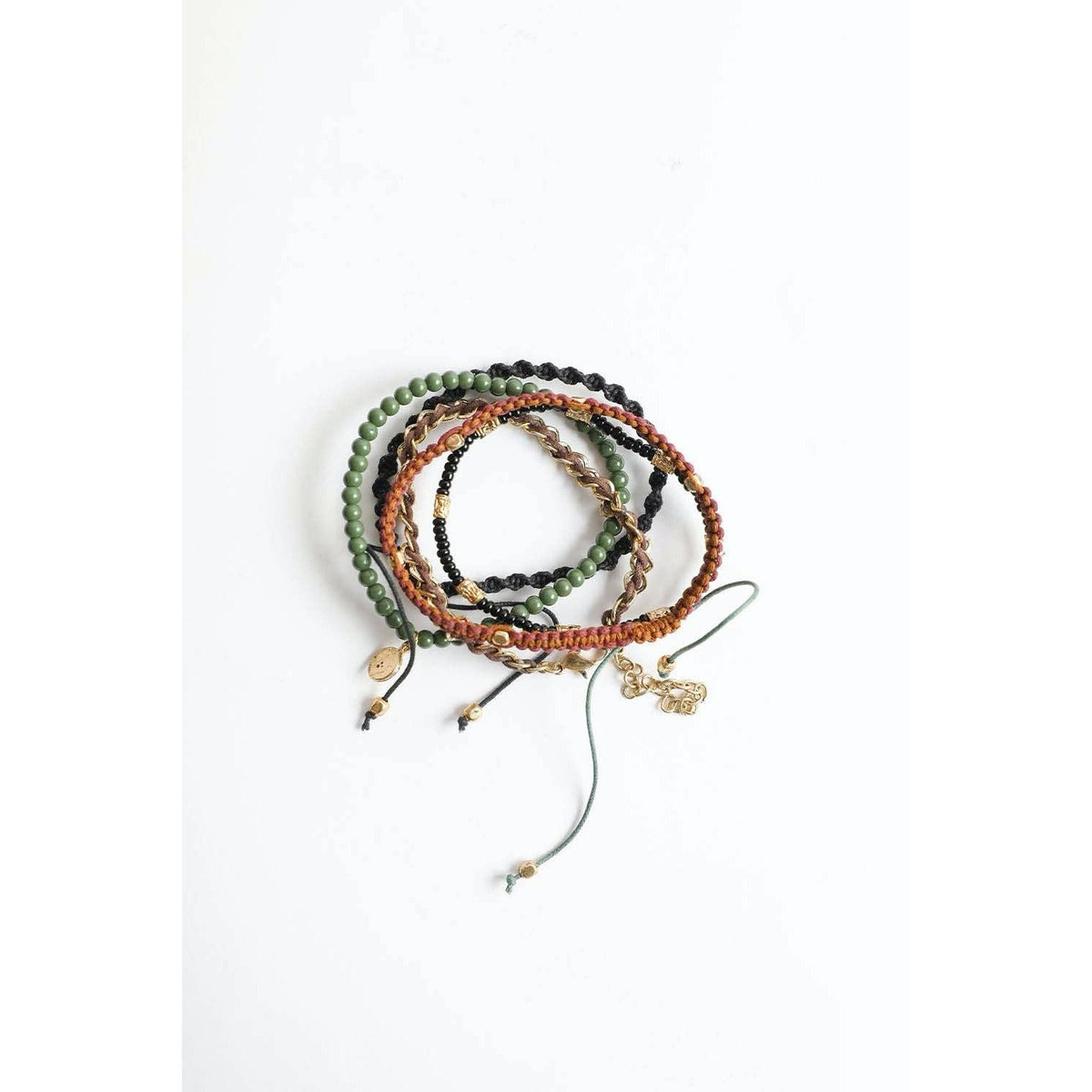 Stackable Bead and Woven Cord Stack of 5 Bracelets | Cute & Trendy Adjustable Stacked Fashion Jewelry