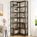 Industrial 7-Tier Metal/Wood Corner Bookcase in Black/Brown