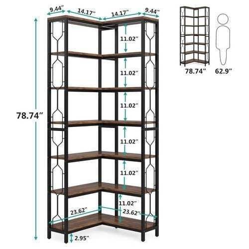 Industrial 7-Tier Metal/Wood Corner Bookcase in Black/Brown