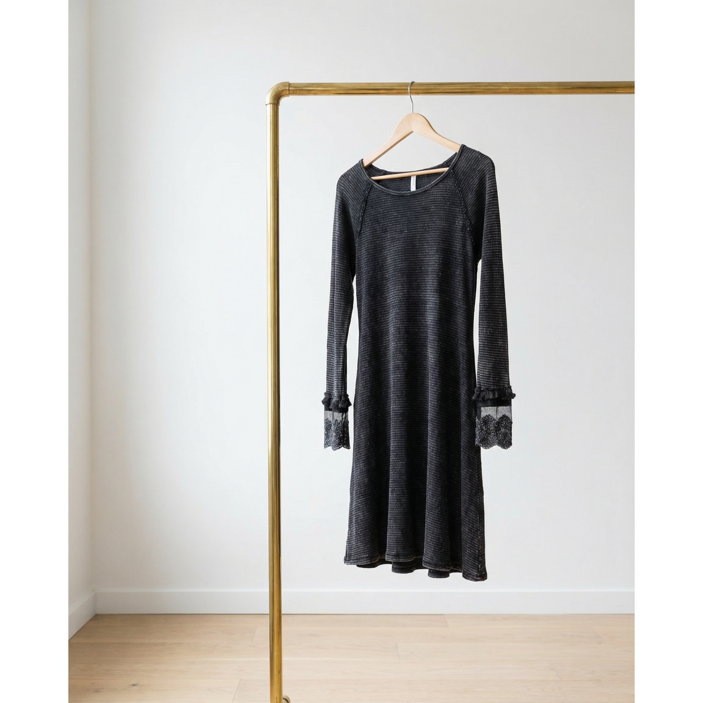 Ultimate '90s Princess Grunge Waffle Dress in Black with Lace Mesh Sleeve Detail | Y2K Mall Goth Long Sleeve Fall Winter Dress [SM-XL]