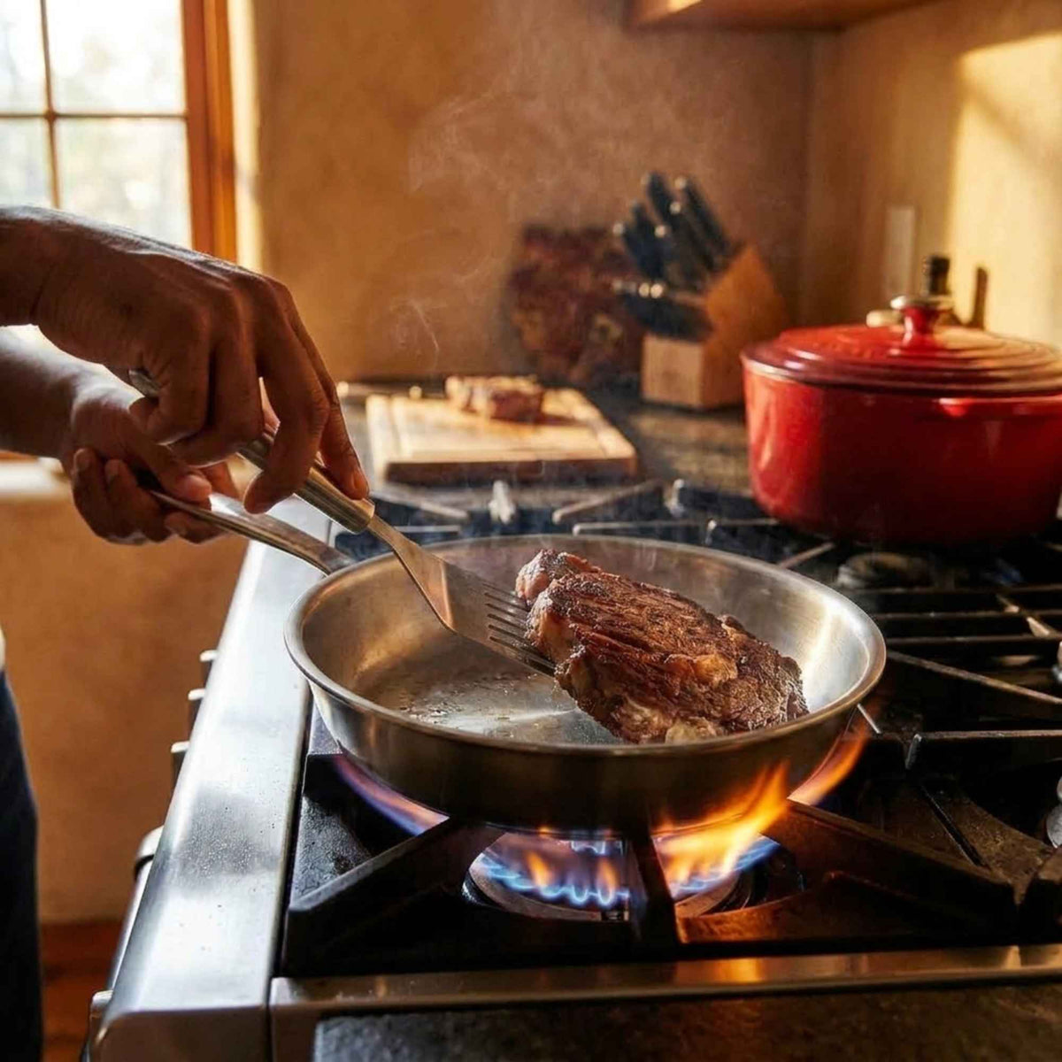 Stainless steel 5-ply frying pan from Alva Cookware with a sturdy handle, ideal for sautéing and frying in the kitchen.