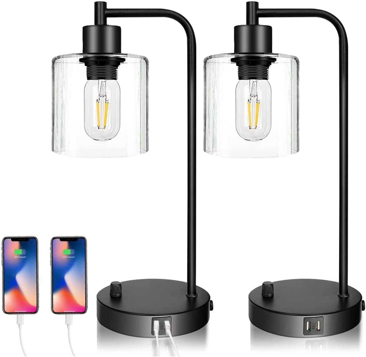 NNEDSZ 2x Pack Industrial Table Lamp with 2 USB Port for Bedside Nightstand Desk and Living Room Office (Bulb not Included)