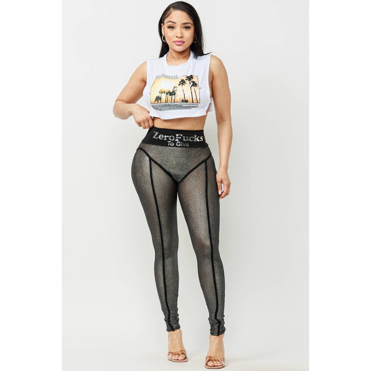 Zero Fucks to Give Metallic Mesh Leggings [Available in Sizes SM-L] (Apparel) - view 9