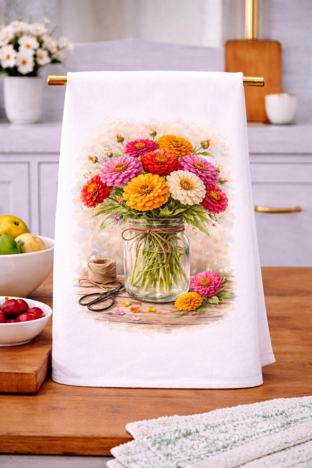 Zinnia Mason Jar Watercolor Kitchen Towel