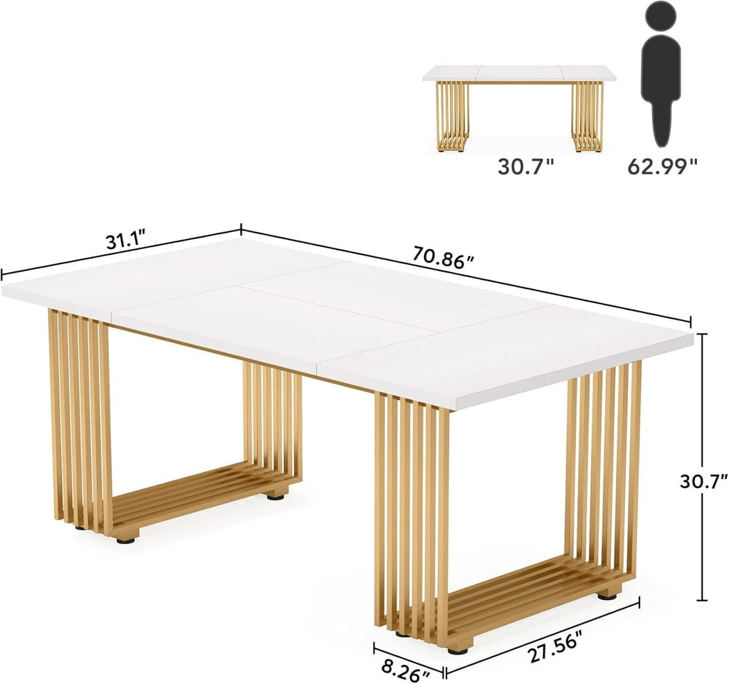 White Gold Wood Dining Table 70 Inch Rectangular For Dining Room