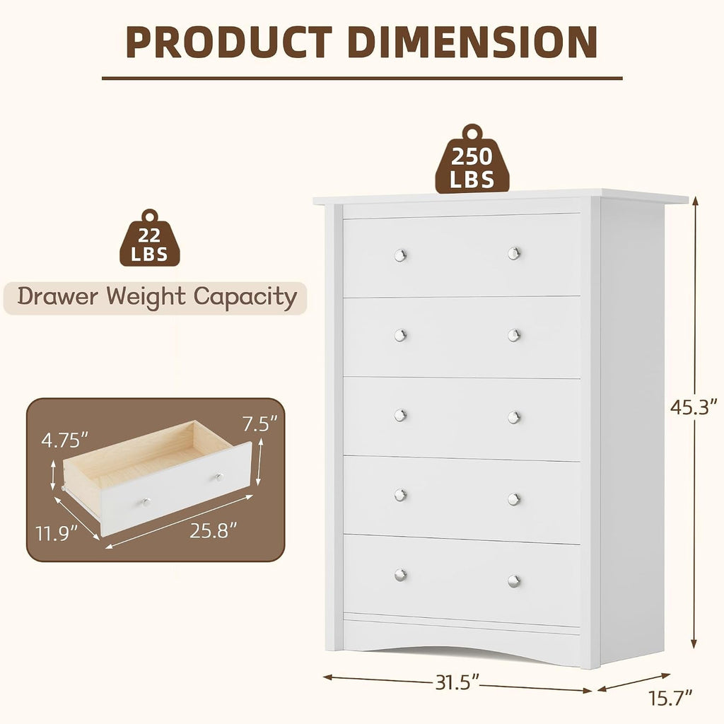 Tall Dresser for Bedroom, Modern Dressers with 5 Drawers, White