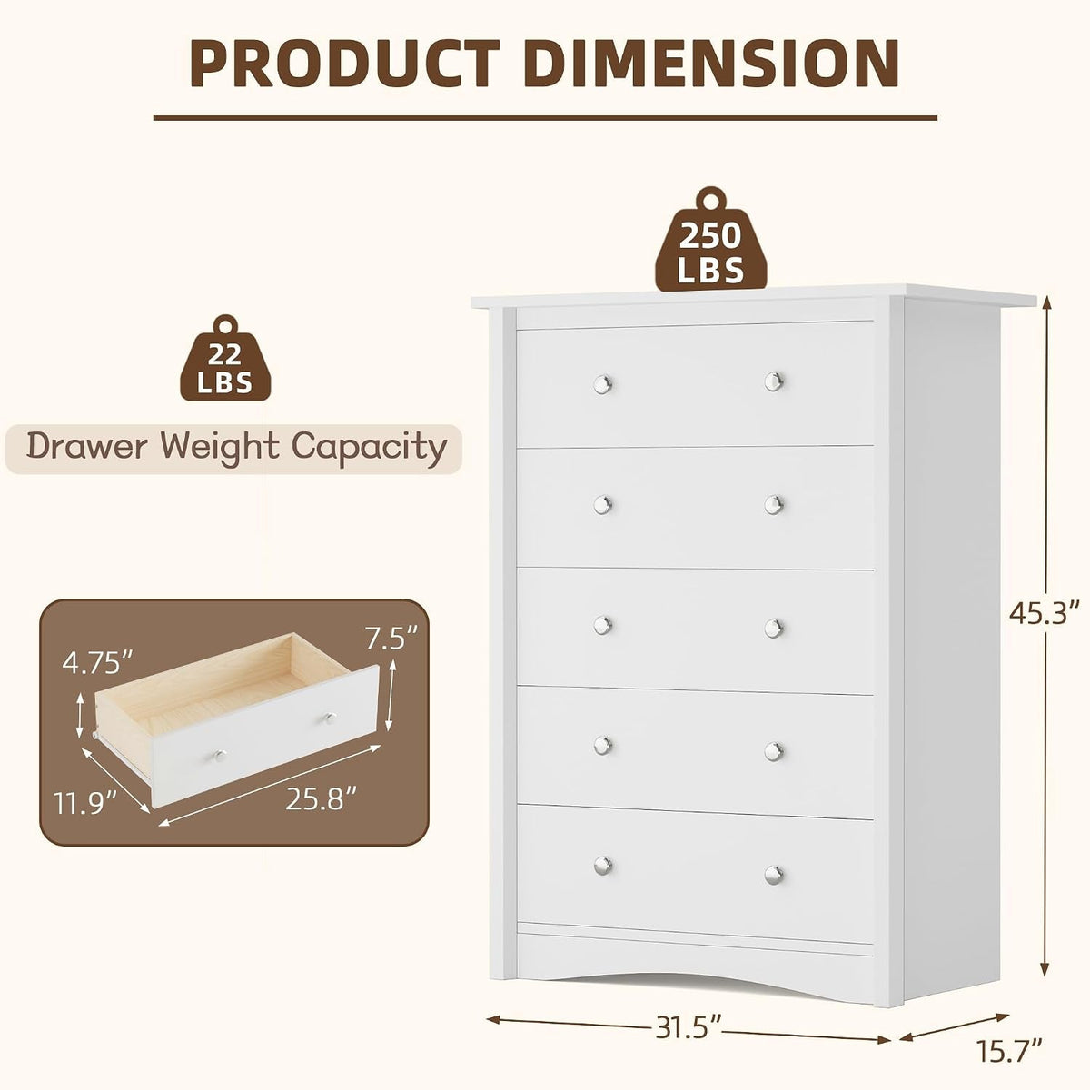 Tall Dresser for Bedroom, Modern Dressers with 5 Drawers, White