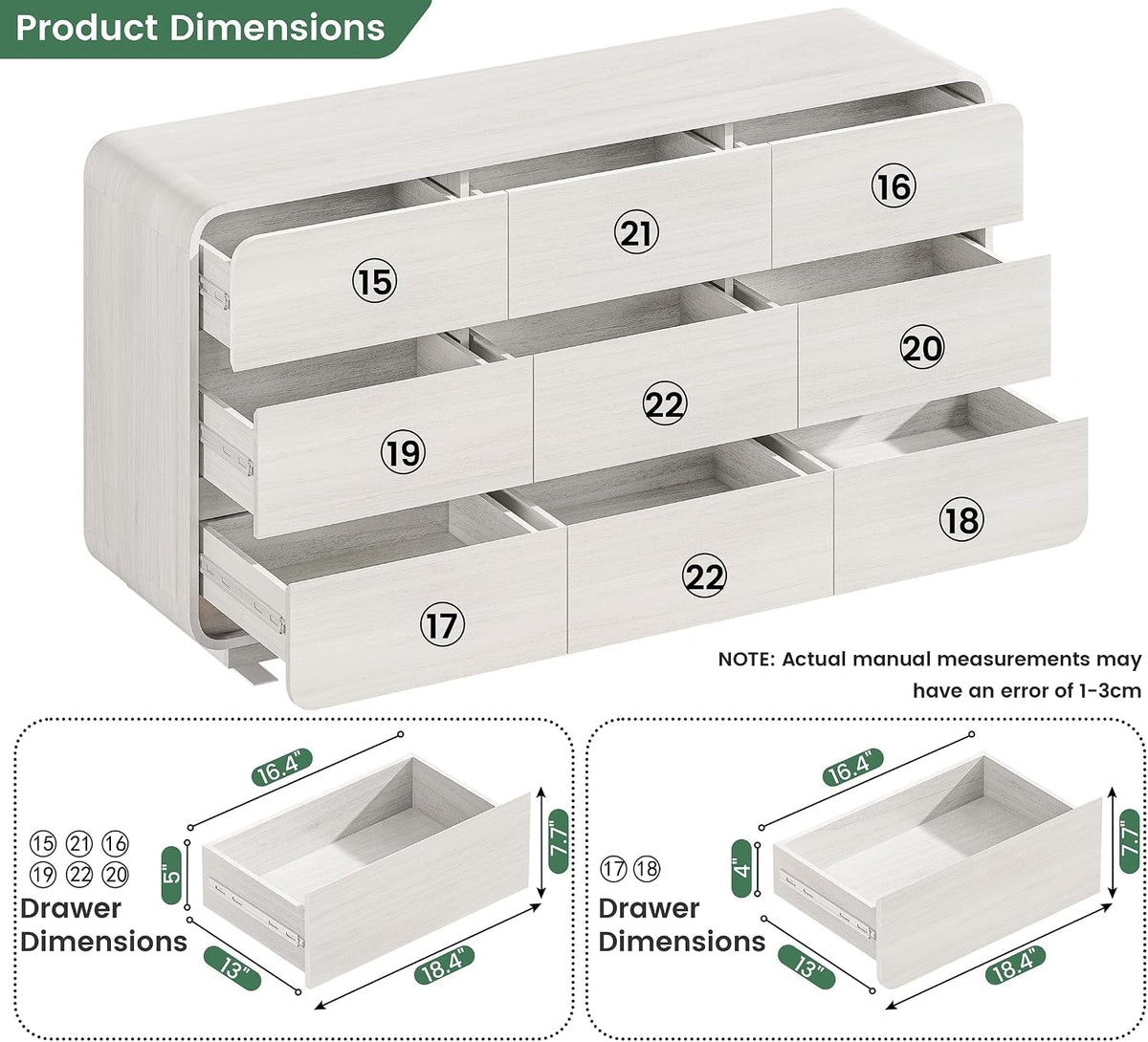 White Dressers of 9 Drawers, Chest Dresser with Deep Drawers, Modern Dresser Closet for Bedroom