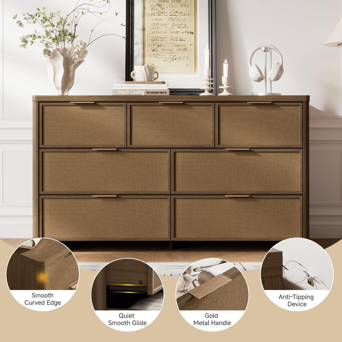 Rattan 7 Drawer Dresser for Bedroom, 55" Wide Curved Dressers & Chests of Drawers with 7 Deep Drawers