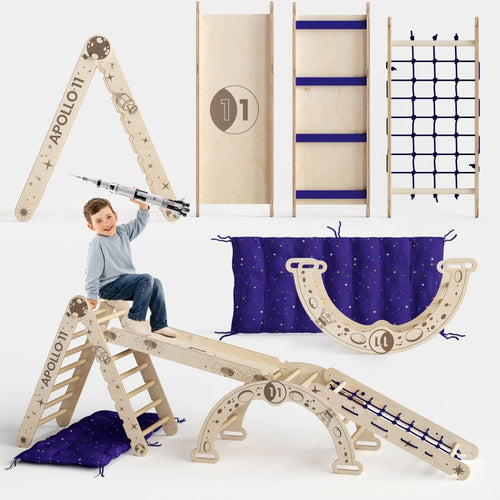 Apollo 5in1 Climbing Set:  Pikler Triangle, Net, Arch, Slide Board, and Cushion for Little Astronauts product photo