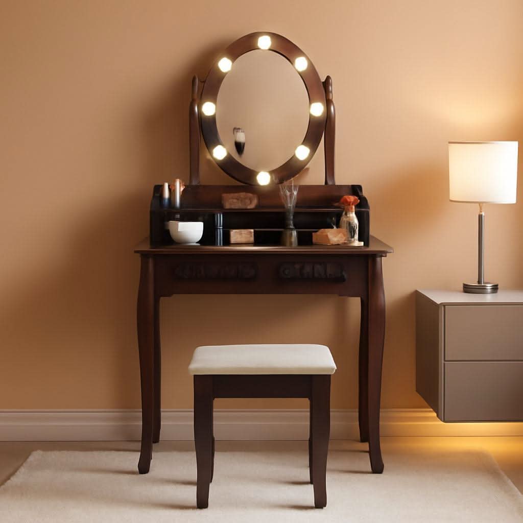 Espresso Vanity Table With Illuminated Mirror Light