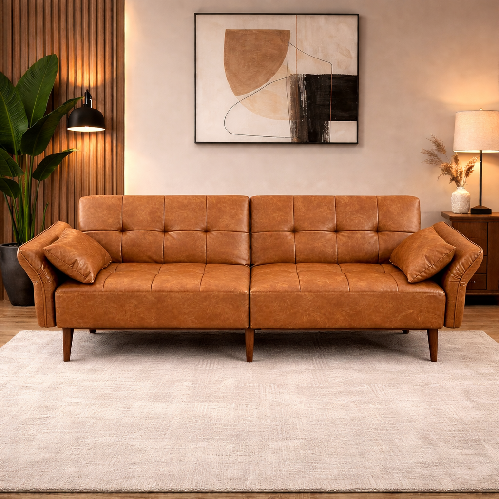 Mid Century Futon Sofa Bed with Walnut Coffee Table Living Room Set