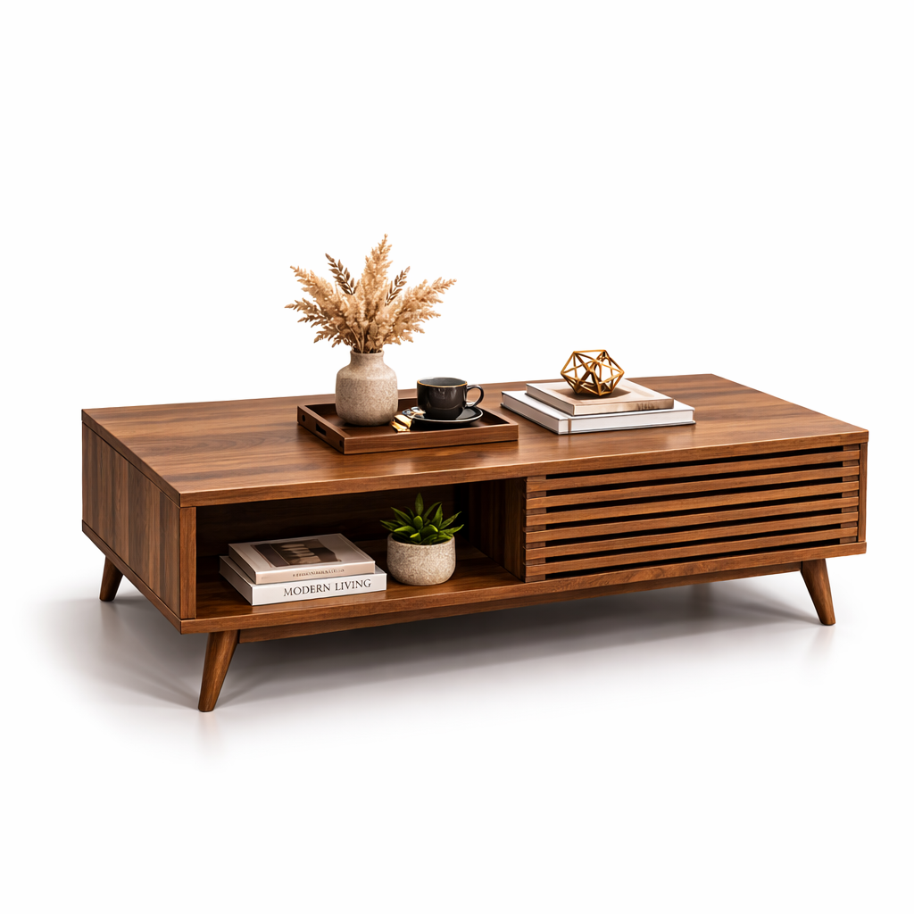 Mid Century Futon Sofa Bed with Walnut Coffee Table Living Room Set