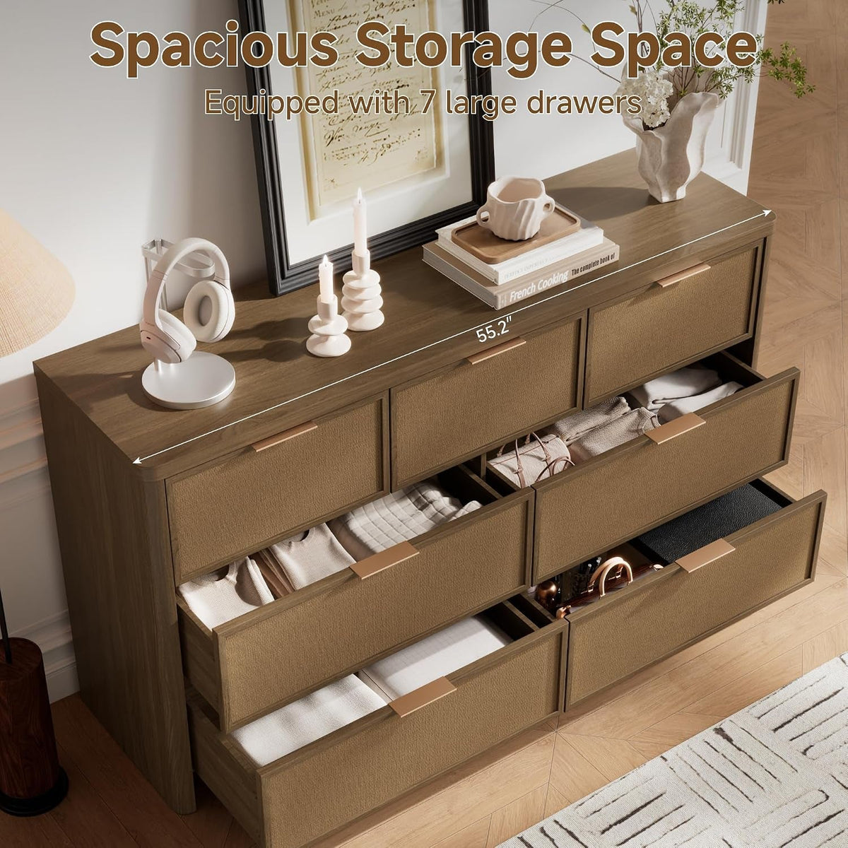 Rattan 7 Drawer Dresser for Bedroom, 55" Wide Curved Dressers & Chests of Drawers with 7 Deep Drawers