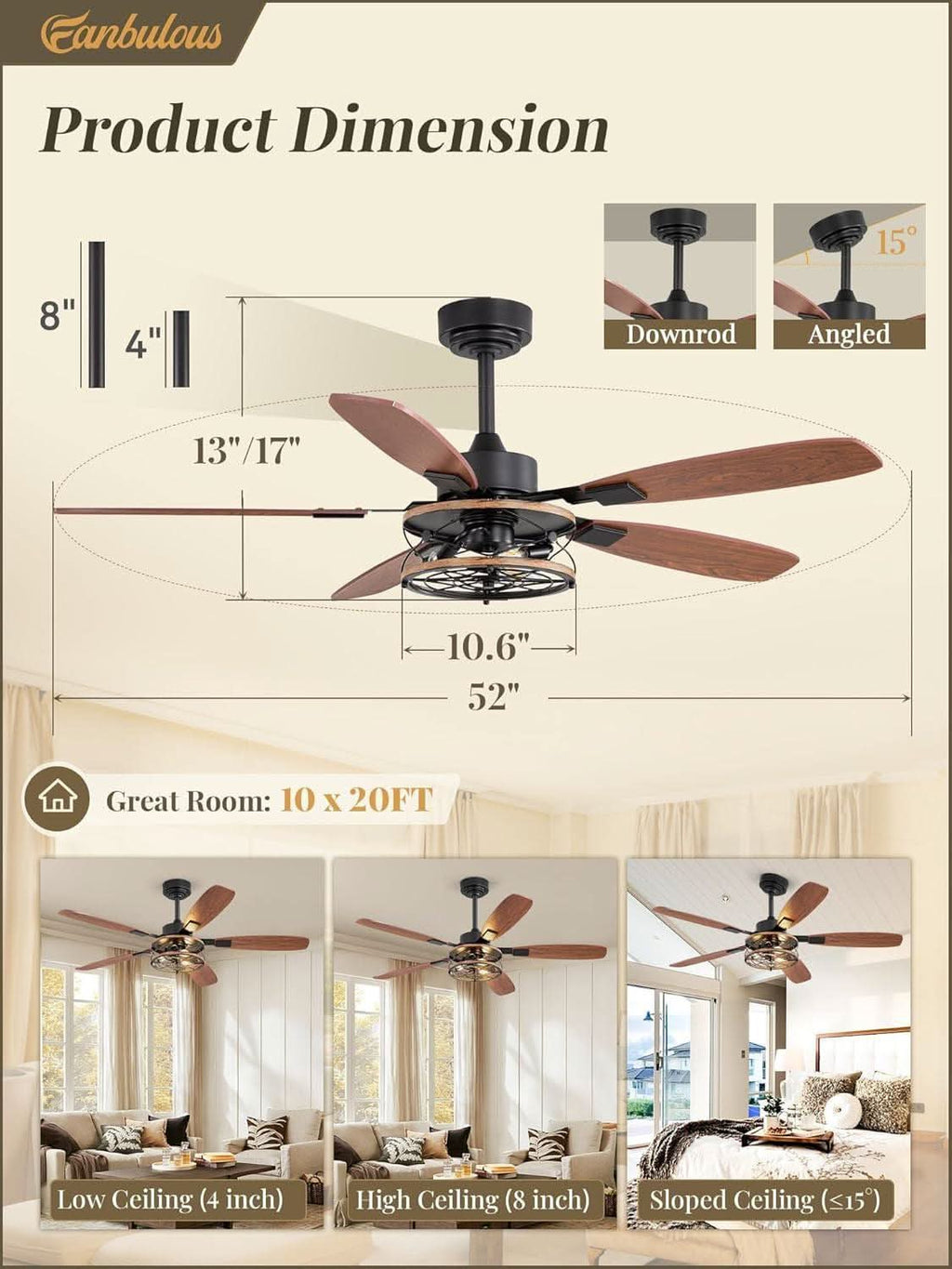 52 Inch Black Farmhouse Ceiling Fan With Light And Remote