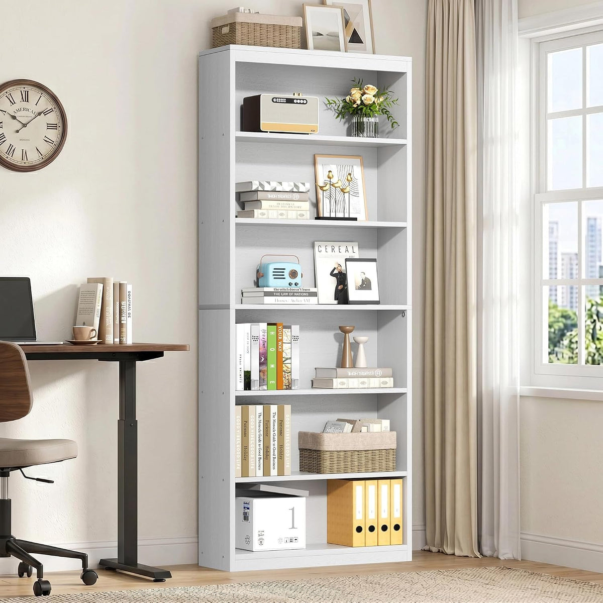 White Six Tier Modern Bookshelf Contemporary Home Storage Rack