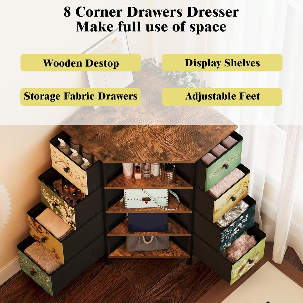 Eight Drawer Corner Dresser With Durable Fabric Drawers