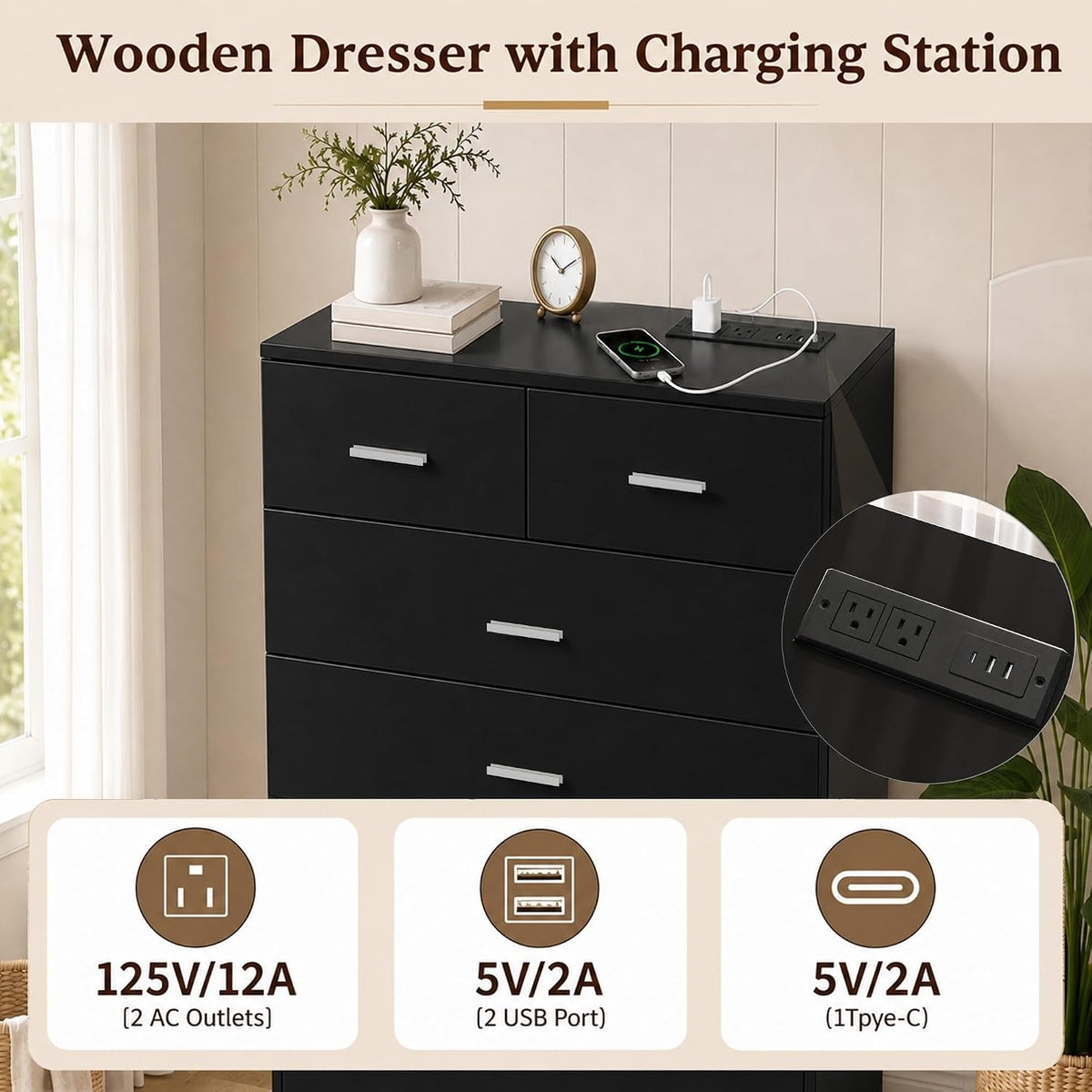 47.3" Tall Dresser with Charging Station Wooden 7 Drawer Dressers for Bedroom Chest of Drawers