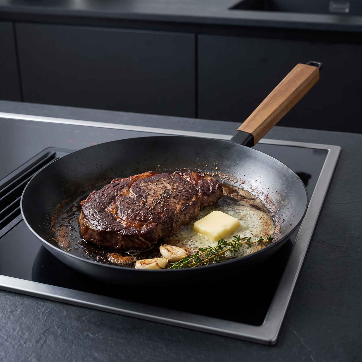 Set of four Alva Cookware carbon steel frying pans, with one searing steak on an induction stove.