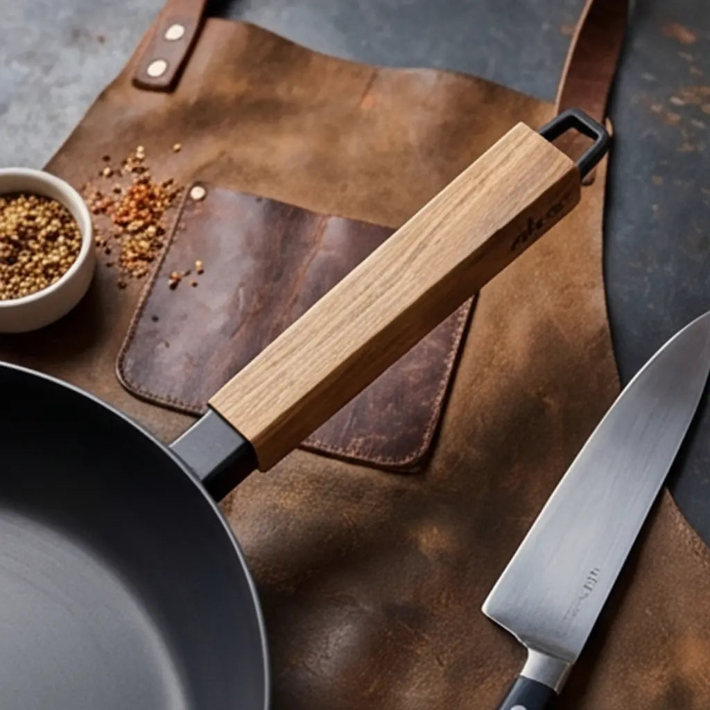 Set of four Alva Cookware carbon steel frying pans with wood handles and hanging loops, suitable for versatile stovetop cooking.