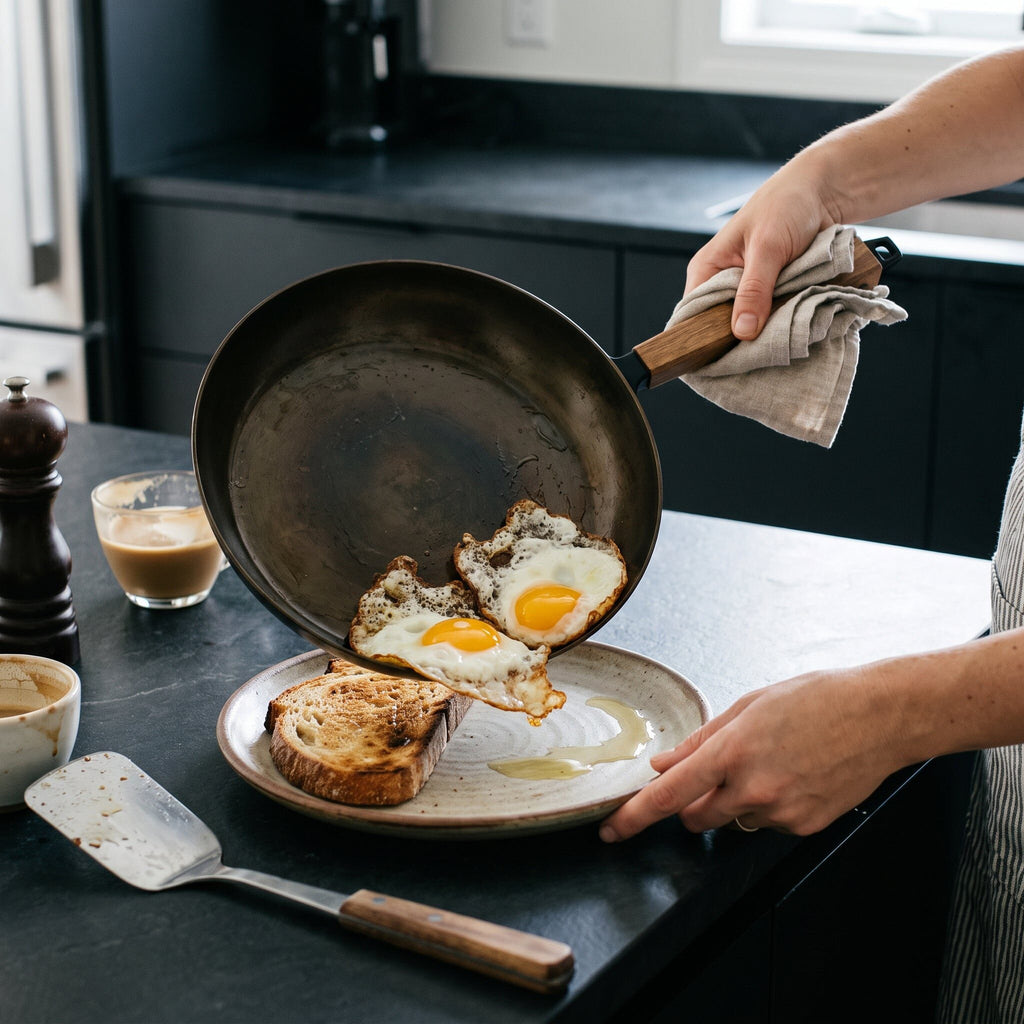 Alva Cookware forest carbon steel frying pan with fried eggs cooking on a stovetop, showcasing a durable, natural finish.