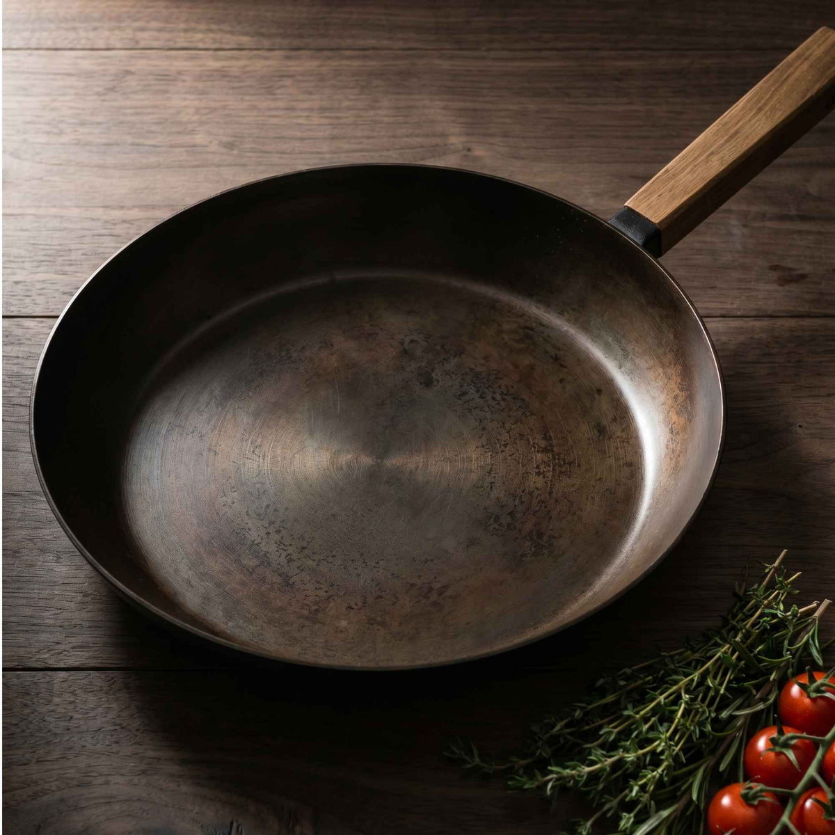 Alva Cookware carbon steel frying pan with natural patina and seasoned surface, ideal for versatile stovetop cooking.