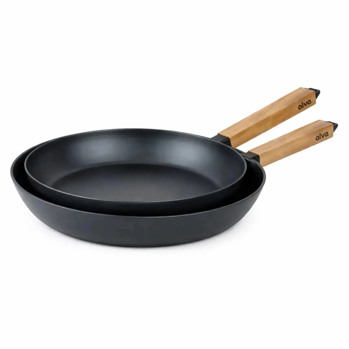 Alva Cookware carbon steel frying pan with a forest green finish, shown in two sizes on a white background.
