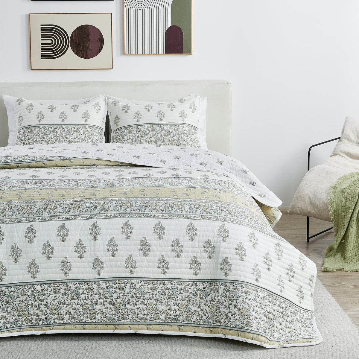 Floral striped microfiber quilt with delicate floral pattern and striped design, part of Hermine Collection
