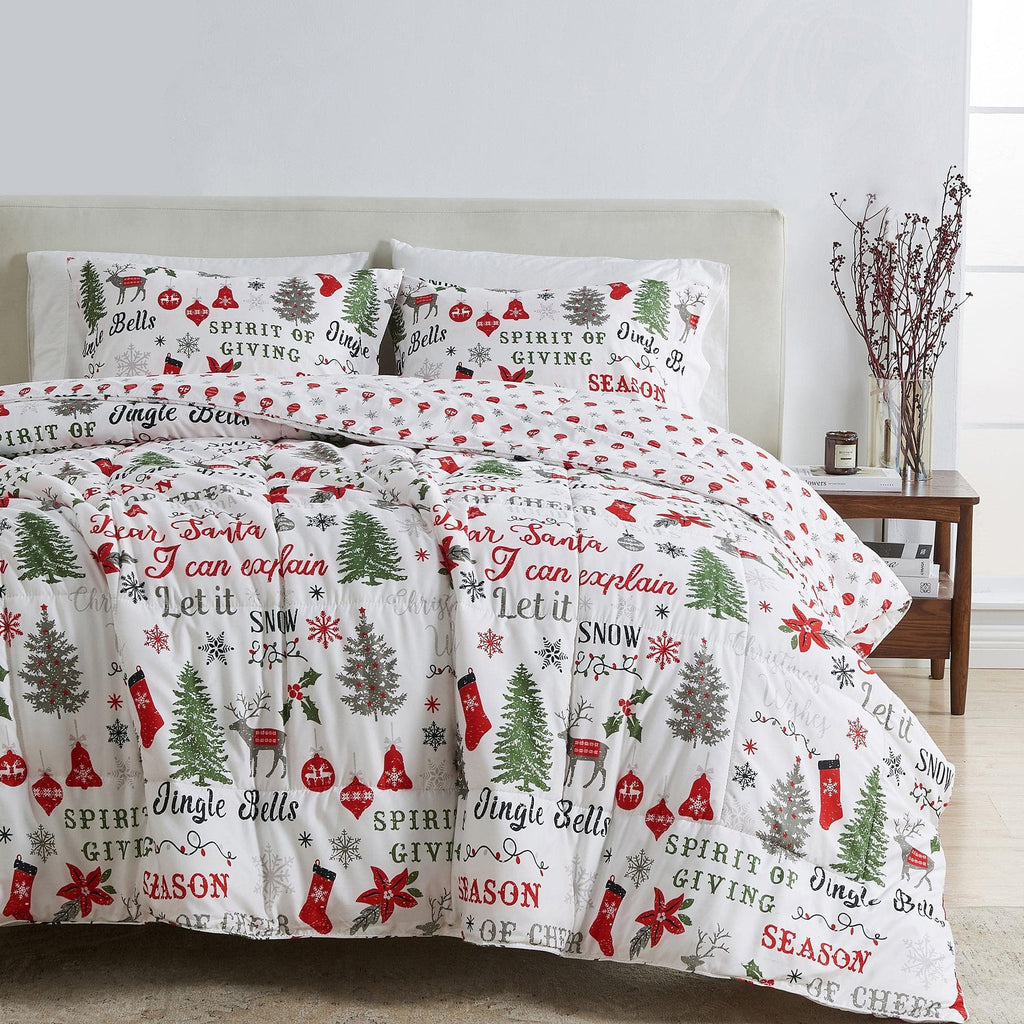 Reversible Christmas lodge comforter and sham set from Great Bay Home's Odette Collection, featuring festive holiday and winter designs.