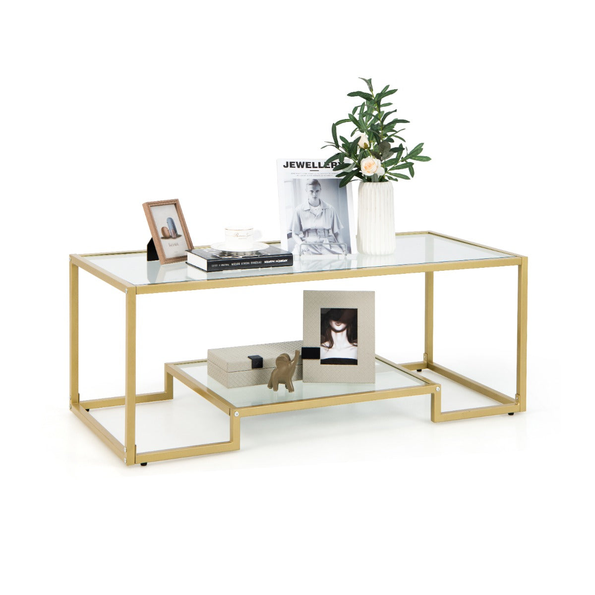 NNECW Modern 2-Tier Coffee Table with Golden Metal Frame for Living Room