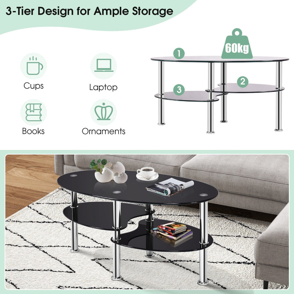 NNECW Tempered Glass Coffee Table with Open Storage Shelf for Living Room