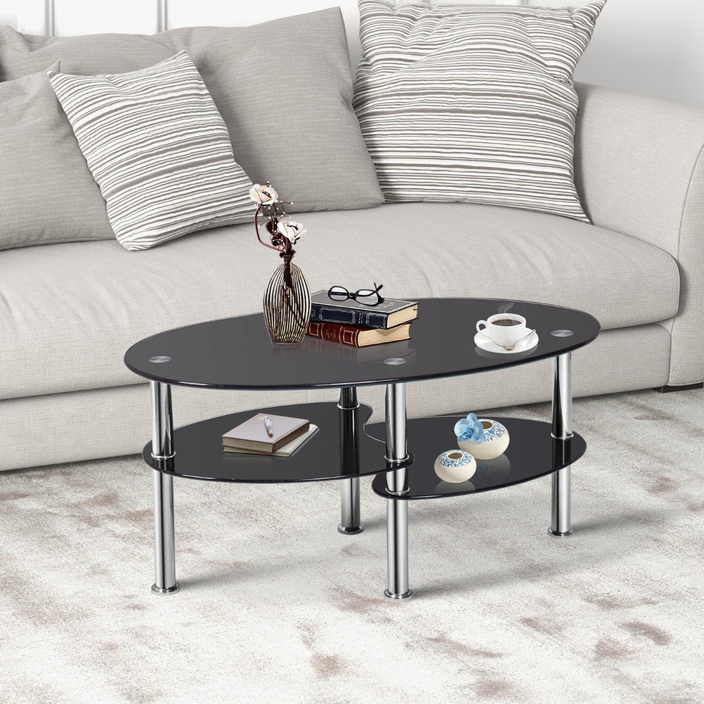 NNECW Tempered Glass Coffee Table with Open Storage Shelf for Living Room