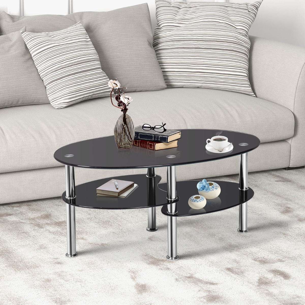 NNECW Tempered Glass Coffee Table with Open Storage Shelf for Living Room