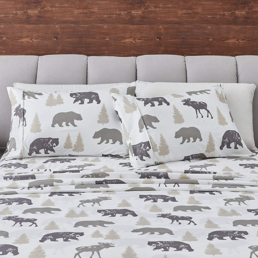 Lodge Printed Sheet Set from Great Bay Home with mountain ridge pattern, soft fabric, and cozy bedding design.