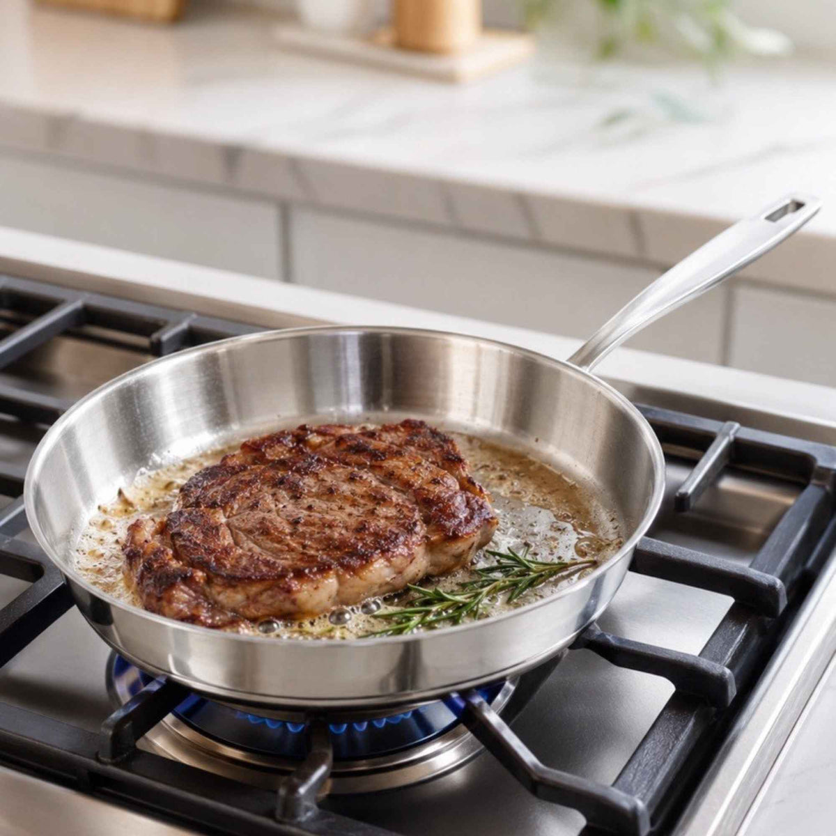 Alva Cookware 5-Ply stainless steel frying pan with handle, perfect for searing steak and even heat distribution.