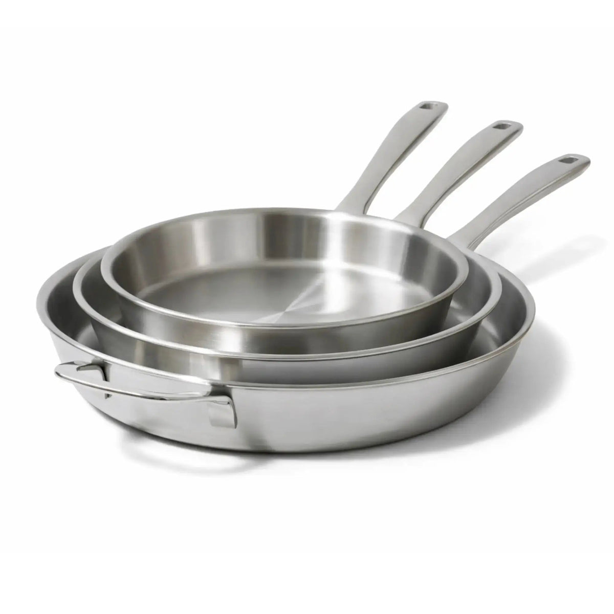 Alva Cookware 5-Ply Stainless Steel Frying Pan nested with other sizes, showcasing durable multi-layer construction for even heat distribution.