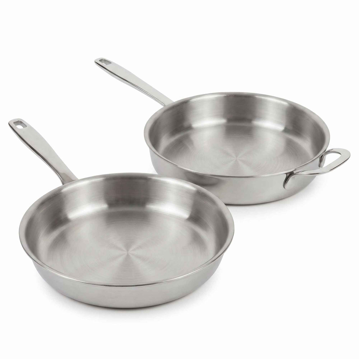 Two Alva Cookware 5-Ply Stainless Steel Frying Pans displayed on a white surface, showing their polished, durable cooking surface.