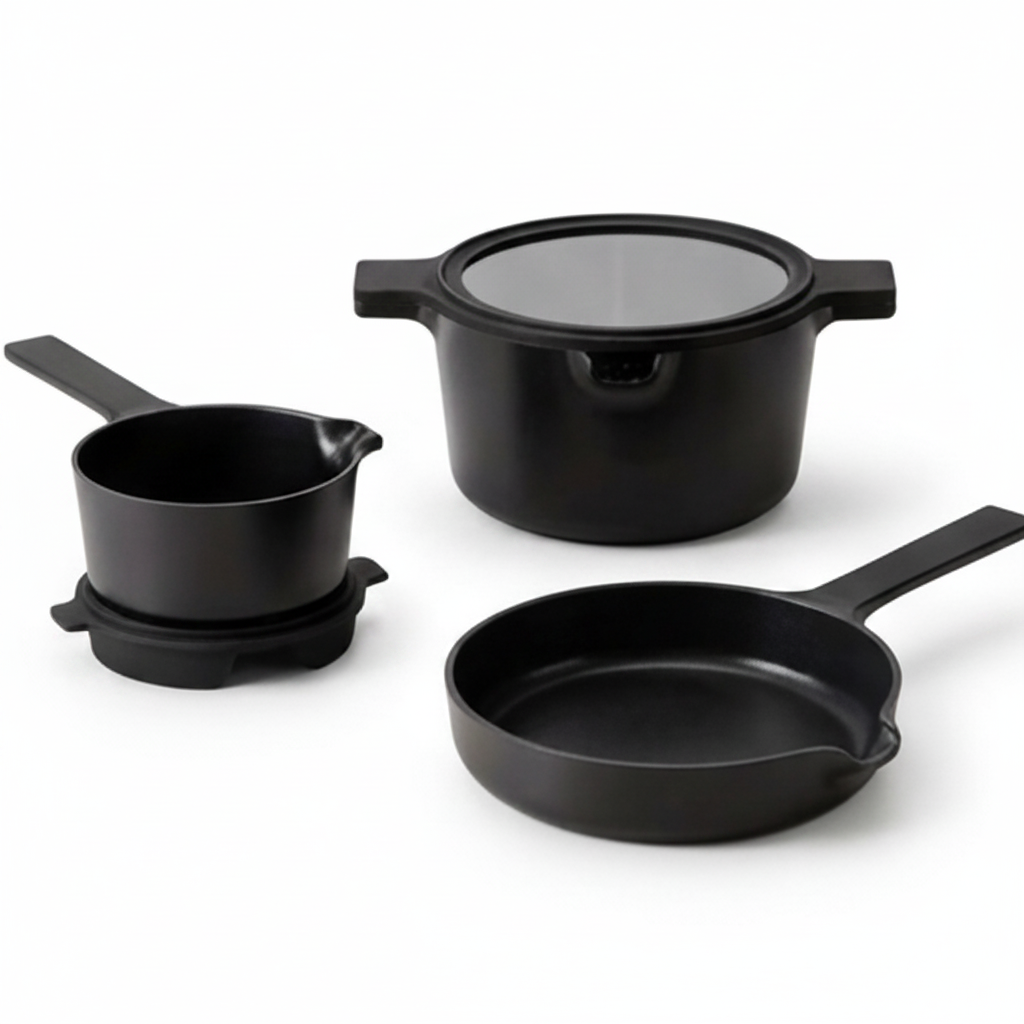 Alva Cookware 5-piece nesting ceramic nonstick cookware set stacked neatly on white background