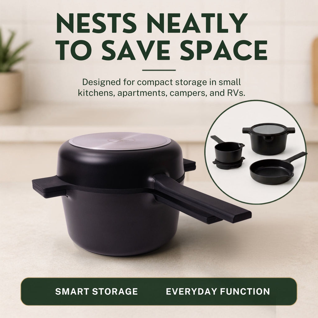 Alva Cookware nesting ceramic nonstick 5-piece cookware set stacked for storage, including pots and pans with lids.