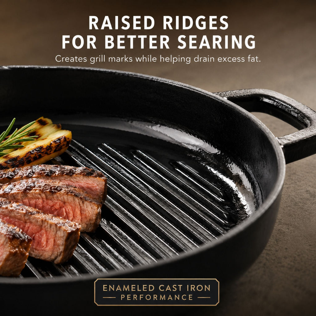 Enameled cast iron grill pan by Alva Cookware with raised ridges for searing steaks and grilling vegetables.