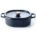Enameled cast iron oval Dutch oven by Alva Cookware, 6-quart size, with a glossy enamel finish and sturdy handles.