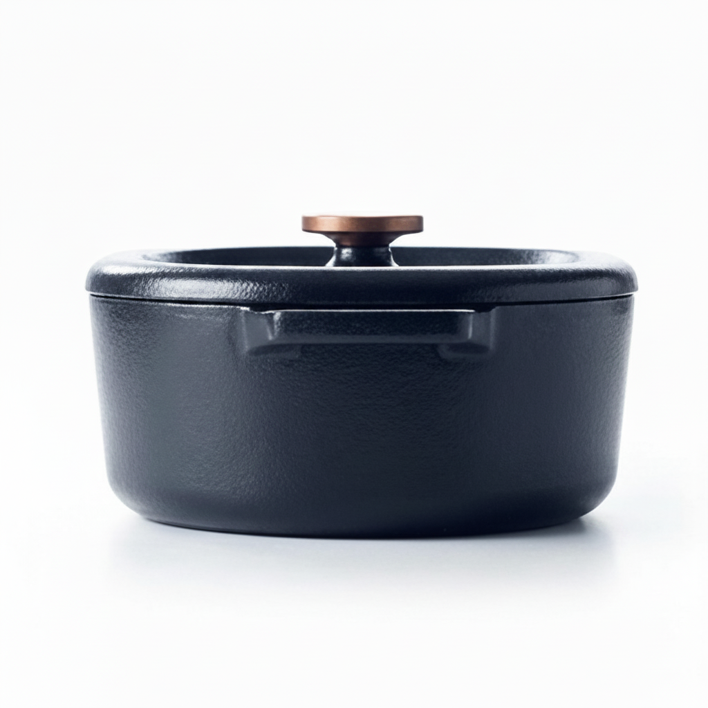 Side profile of Alva Cookware 6-quart enameled cast iron oval Dutch oven, showcasing its durable enamel coating and oval shape.