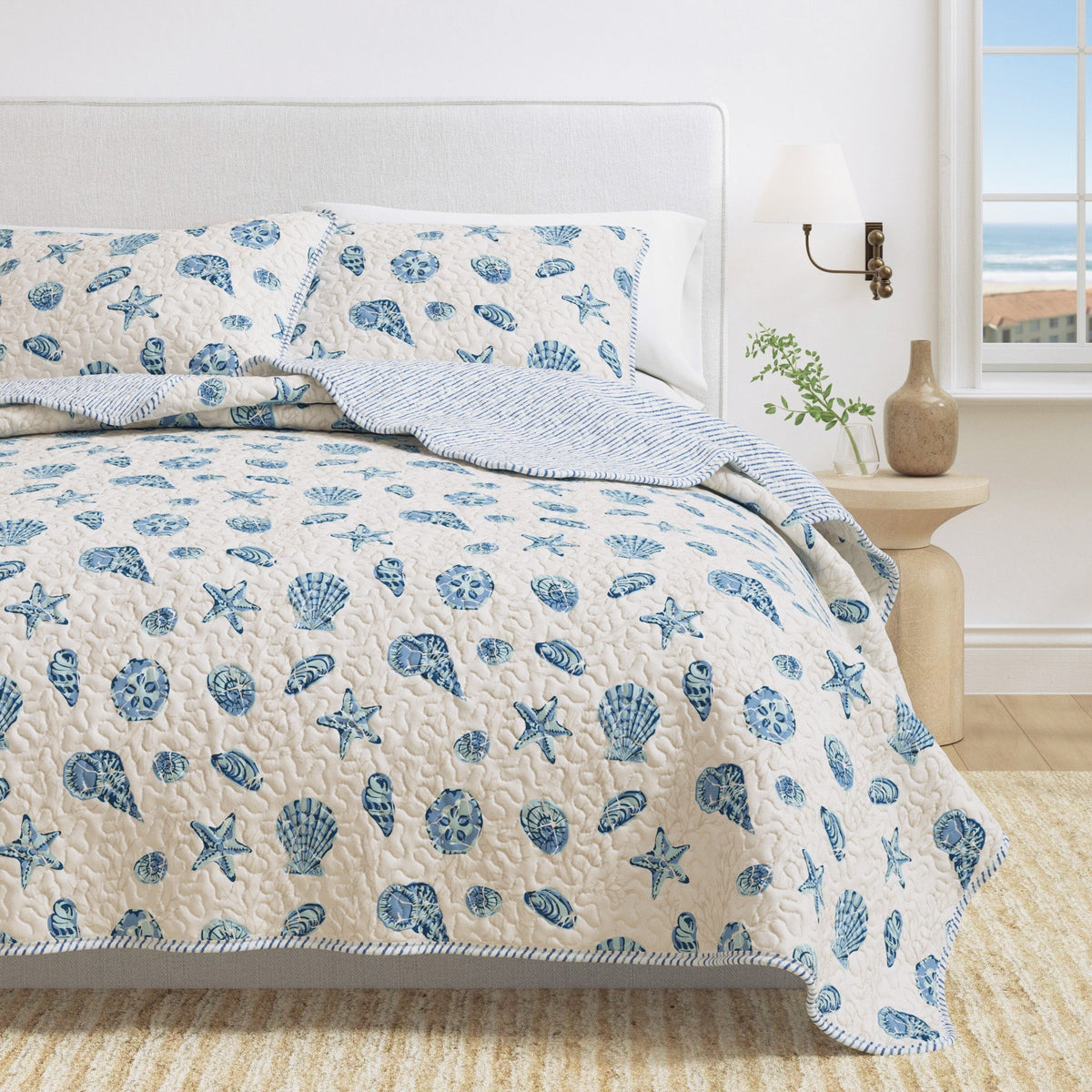 Coastal Quilt Set with blue and white ocean-themed design inspired by nautical style, soft microfiber bedspread for all seasons
